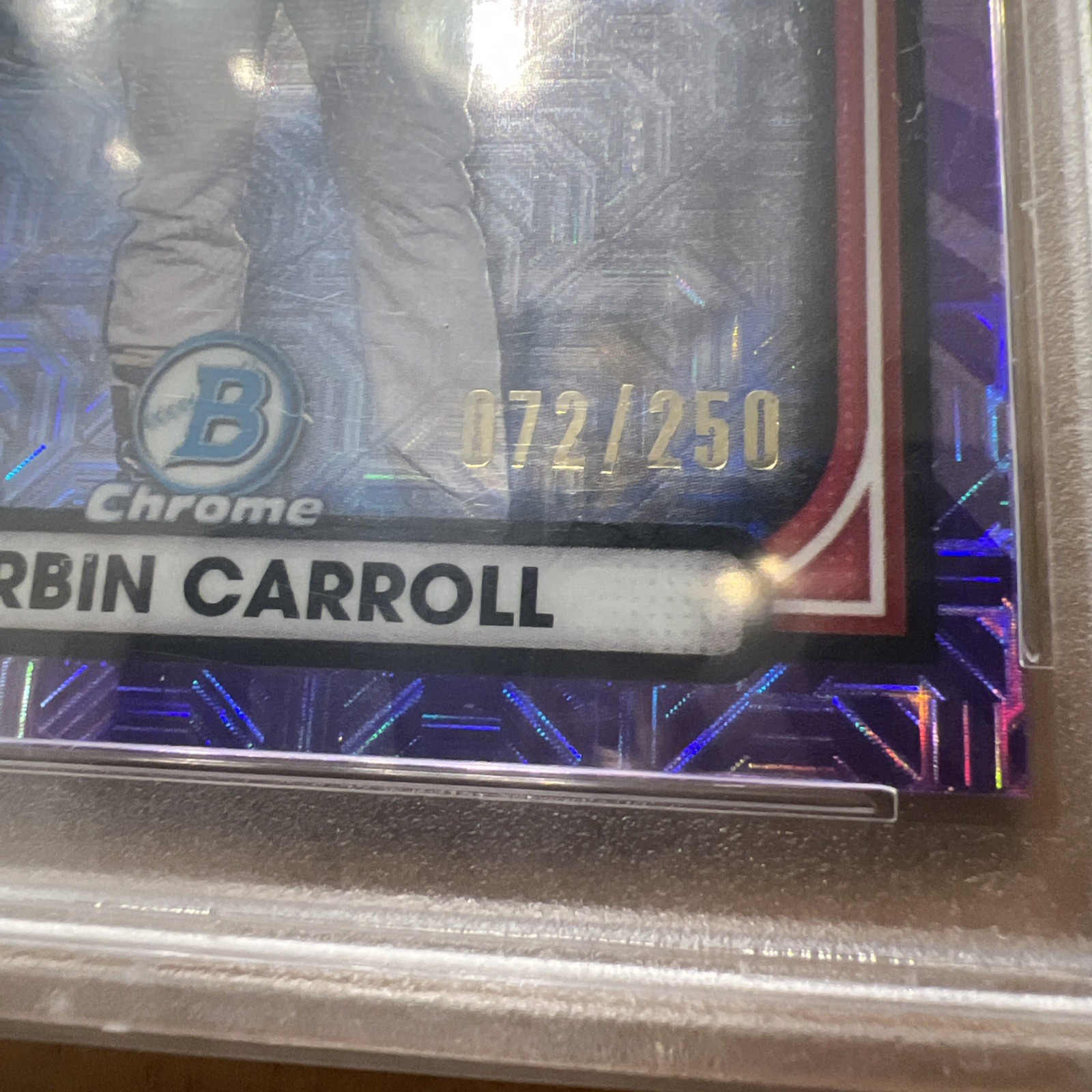 2023 Bowman Chrome Corbin Carroll Roy Favorites Purple Refractor RC /250 PSA 10 view 3