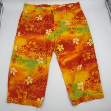 Jams World Aloha Floral Capri Pants Women's Large Orange Yellow Green Tie Waist