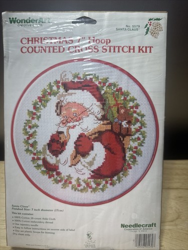 NEW VTG WonderArt Christmas 7" Hoop Counted Cross Stitch Kit Santa Claus #5579