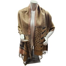 Vintage Reversible Pashmina Cashmere Silk Blend Brown Fringe Shawl Scarf 27"/72"