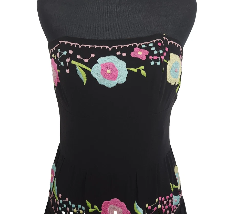 VESTIDO NANETTE LEPORE Y2K NEGRO SIN TIRANTES BORDADO FLORAL LÍNEA A TALLA 6 Foto 3 de 4