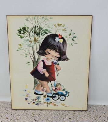 VTG MCM Big Eyed-girl Four Seasons Fellerda Wall Art Girl w/ pram