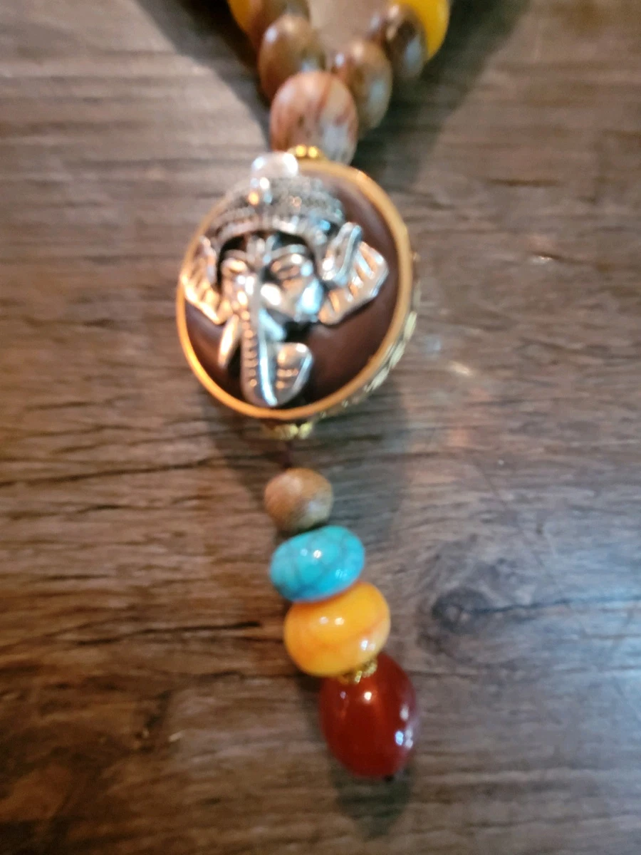 Tibetan necklace natural wood beads colorful accents Elephant Head pendant