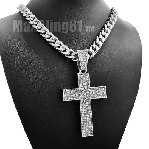 Collana catena cubana croce grande 10 mm argento ghiacciato zirconi gioielli hip hop - Foto 9 di 13