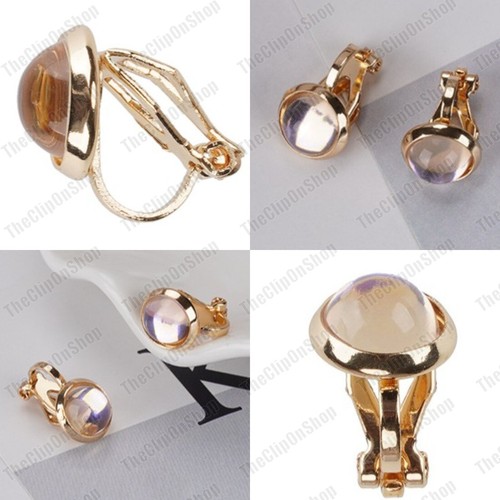 CLIP ON small 1.2cm RETRO EARRINGS round FAUX OPAL MOONSTONE 12mm GOLD FASHION - Picture 2 of 3