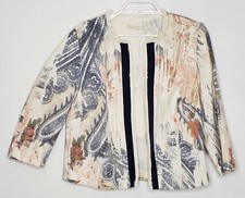 Chico  s Blazer Cardigan Size 1 Paisley Print Open Front 3/4 Sleeve Fringe Hem