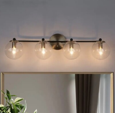 Zevni A04692 30 in 4-Light Brass Gold/Black Bath Vanity Light with Seeded Glass