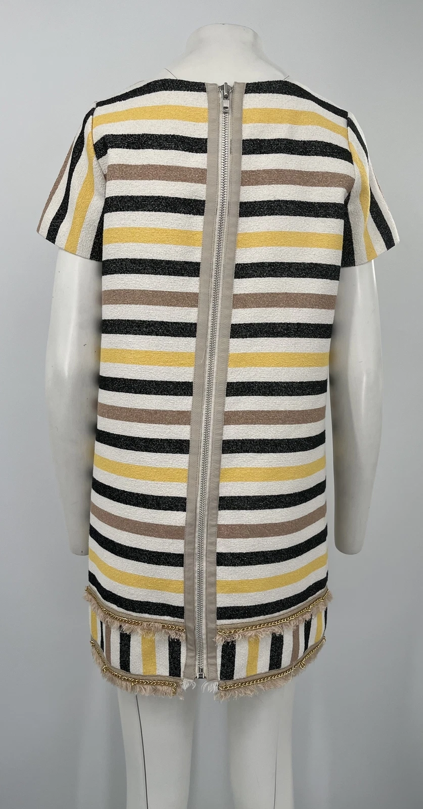 Abito a tubino Sacai Luck giallo beige nero a righe manica corta con orlo sfilacciato tg4