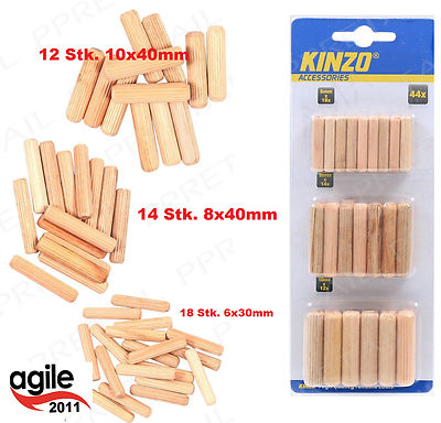 44 St.Holzdübel  Packung, 6, 8 oder10 mm, Dübel aus Birke, geriffelt Greenagrar