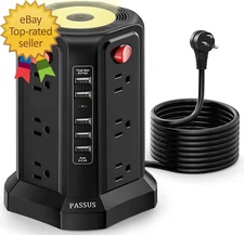 Surge Protector Power Strip Tower with 5 USB Ports and Night Light,10Ft Extensio