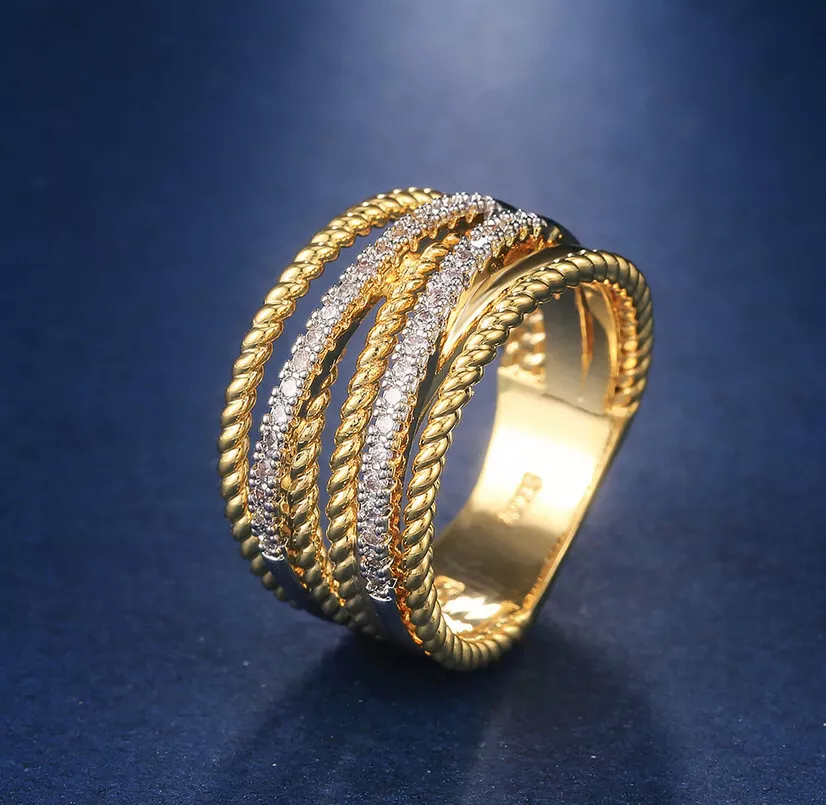 18k gold plated African Dubai Jewelry Cross Twist Twine ring,CZ ring,Size:9 US
