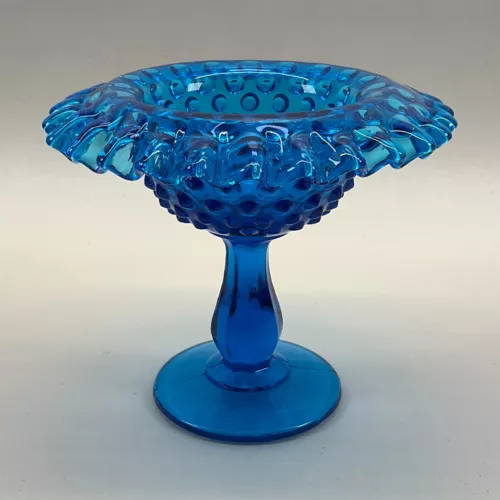 Fenton Colonial Blue Hobnail Rolled Rim Footed Compote - 1970s Vintage