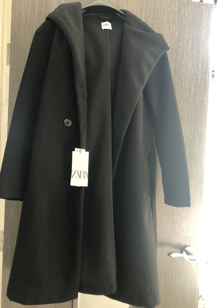 Stunning ZARA Black Hooded Belted Winter Coat Jacket Cape Size S
