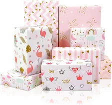 6 Sheets Gift Wrapping Paper, Pink and Gold Folded Wrapping Paper with Heart, Bu