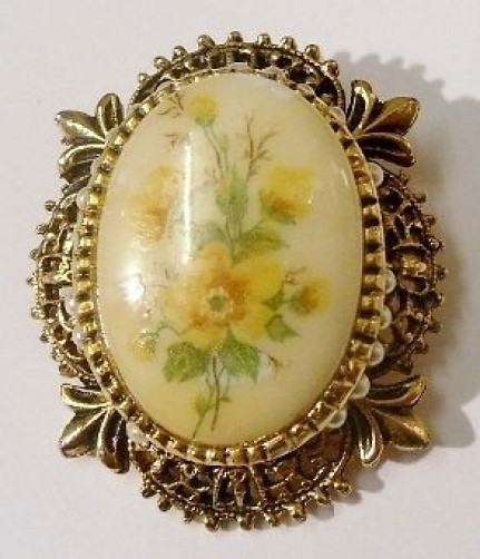 Magnifique Broche Ancienne Camée Fleur Noir Et Or - Bijou Vintage Relief Authentique
