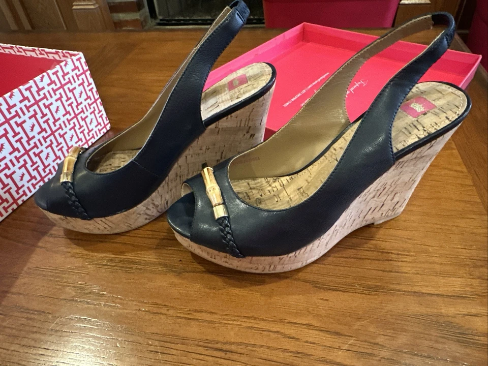 Tacones de cuña Elaine Turner Brooklyn Python azul marino 7,5 usados en excelente estado caja/bolso de zapatos incluido Foto 4 de 4