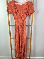 Auguste Wrap Maxi Dress Womens 6 Orange White Polka Dot Short Sleeve Tie Side