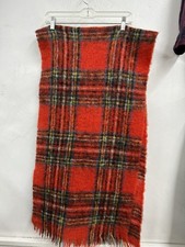 Vintage Red Tartan Plaid Scottish Mohair Wool Pile Scarf Made in Scotland Fringe