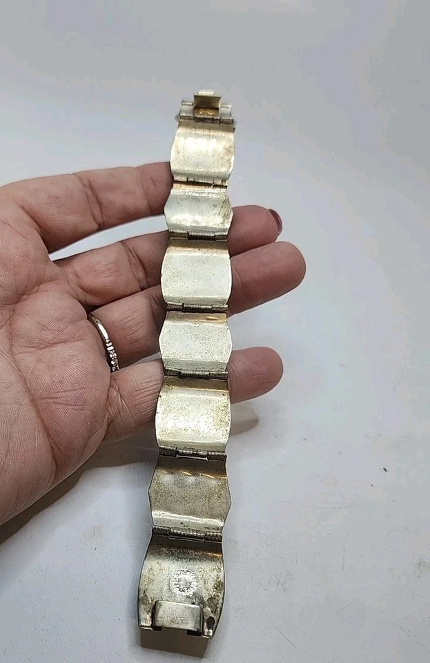 Vintage Mexican Taxco Sterling Silver Green Onyx Link Cuff Bracelet 7.25"  - Image 2 of 4