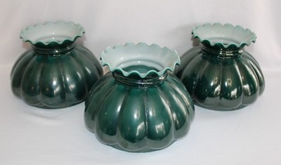 LOT 3 VINTAGE RUFFLED SCALLOPED STUDENT GREEN GLASS LAMP SHADES 7'' FITTER
