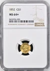 1852 LIBERTY HEAD $1 GOLD COIN TYPE 1 NGC MS64+