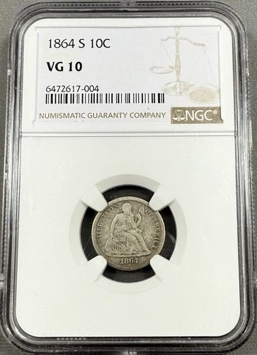 1864-S Seated Liberty Dime 10c - NGC VG10 - Low Mintage Civil War Date