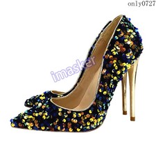 Pointed Toe Sequins Womens High Stilettos Heel Pumps Shoes Slip On Party Shiny