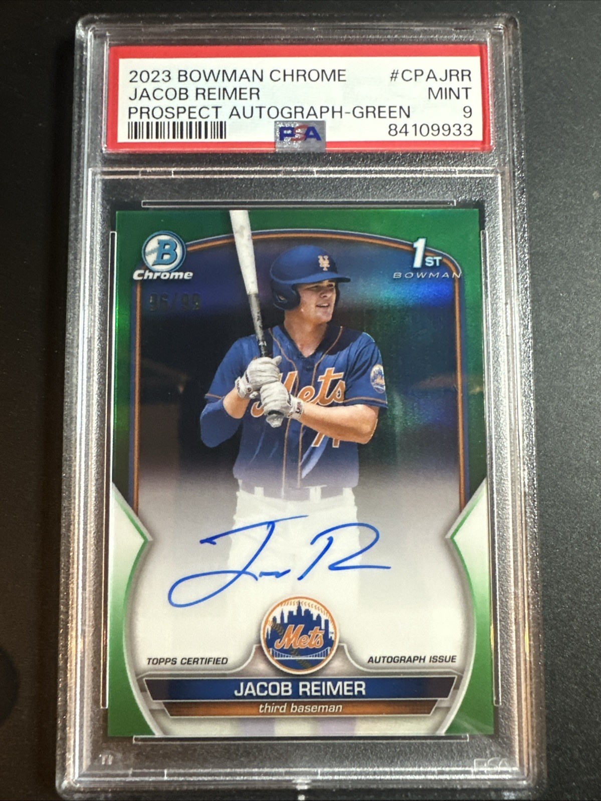 2023 Bowman Chrome Baseball Jacob Reimer Green Refractor Auto /99 #CPA-JRR PSA 9