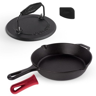 Cuisinel Cast Iron Skillet + Grill Press + Scraper Set - 10''-inch Pre-Seasone...