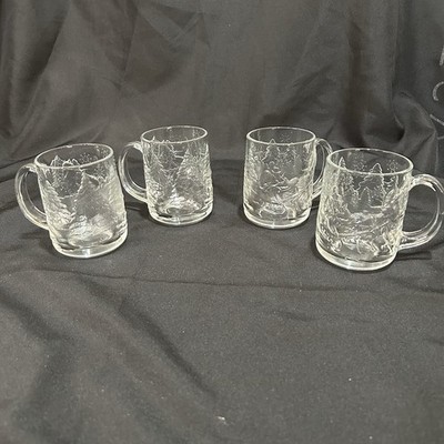 Set of 4 Luminare WINTER SLEIGH RIDE 3D Clear Glass Mugs Christmas Holiday