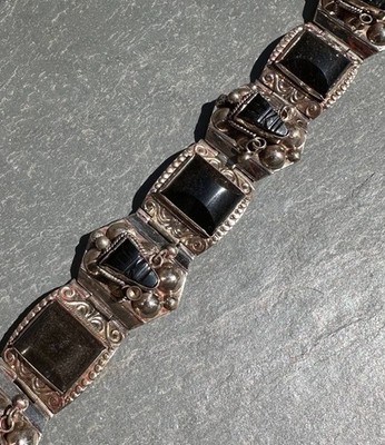 Black Onyx Cabochon Link Bracelet Mask Carving Made in Mexico