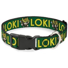 Plastic Clip Collar Kawaii LOKI Standing Pose/Text Green/Yellow WIDE-Small 13-17
