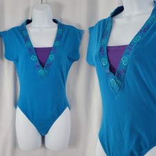 Vintage California Sport Blue V-Neck Bodysuit/Leotard w High Cut Legs Size Large