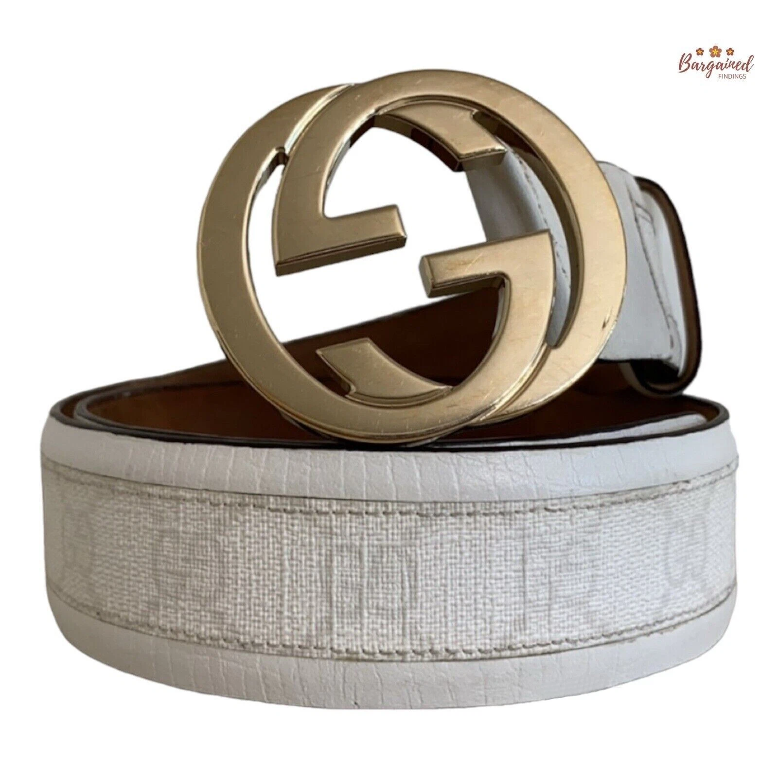 Autentica cintura G ad incastro GUCCI bianca GG Plus in tela rivestita in pelle 80 32