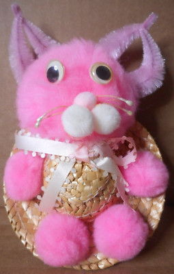 Pink Easter Bunny Rabbit Pipe Cleaner Puffy Pompom Straw Hat Crafted Magnet 6''