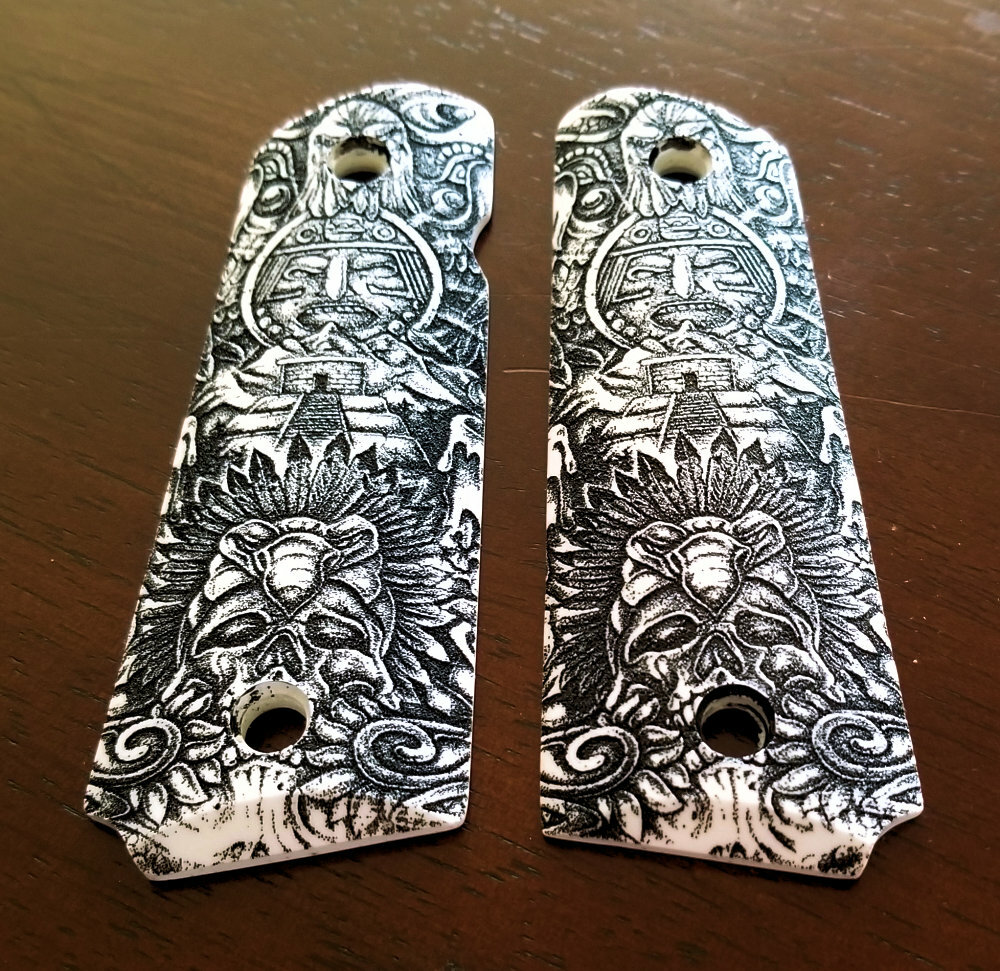 1911 custom engraved imitation ivory scrimshaw grips Aztec Gods