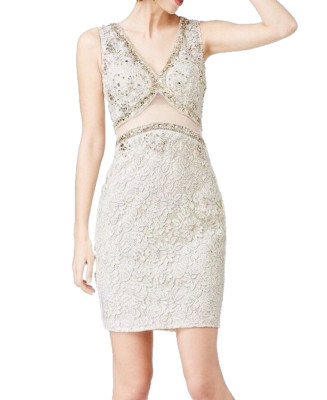 JVN by JOVANI ~ Beige Beaded Lace V-Neck Illusion Sheath Party Dress 2 NEW $378