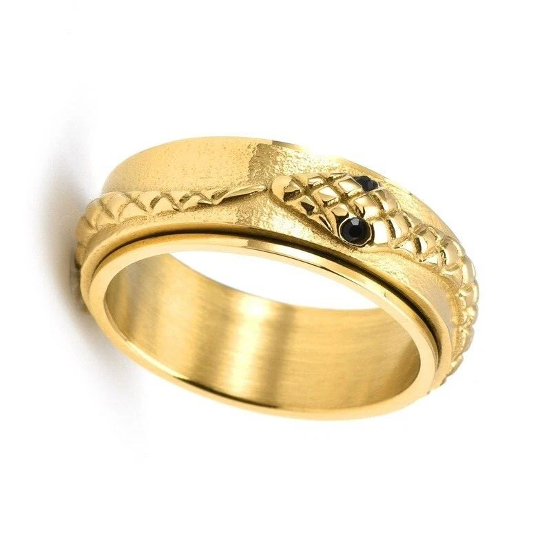 Alianza de boda unisex de acero inoxidable anillo giratorio ojo serpiente circonita negra talla 6-11 Foto 2 de 2