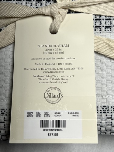 Southern Living Logan One Standard Sham 20x26 Cotton White Portugal New - Picture 4 of 4