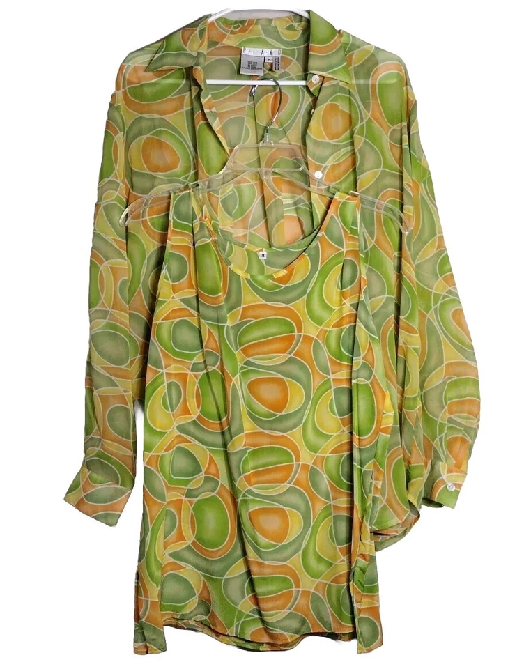 Conjunto Vintage 2 Piezas 100% Seda | Mod Estampado Psicodélico | Camisa Cuello Talla M Foto 3 de 4