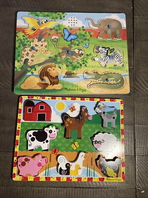 Melissa & Doug Wooden 2 Puzzles Jungle & Farm Animals. Jungle Has Sound