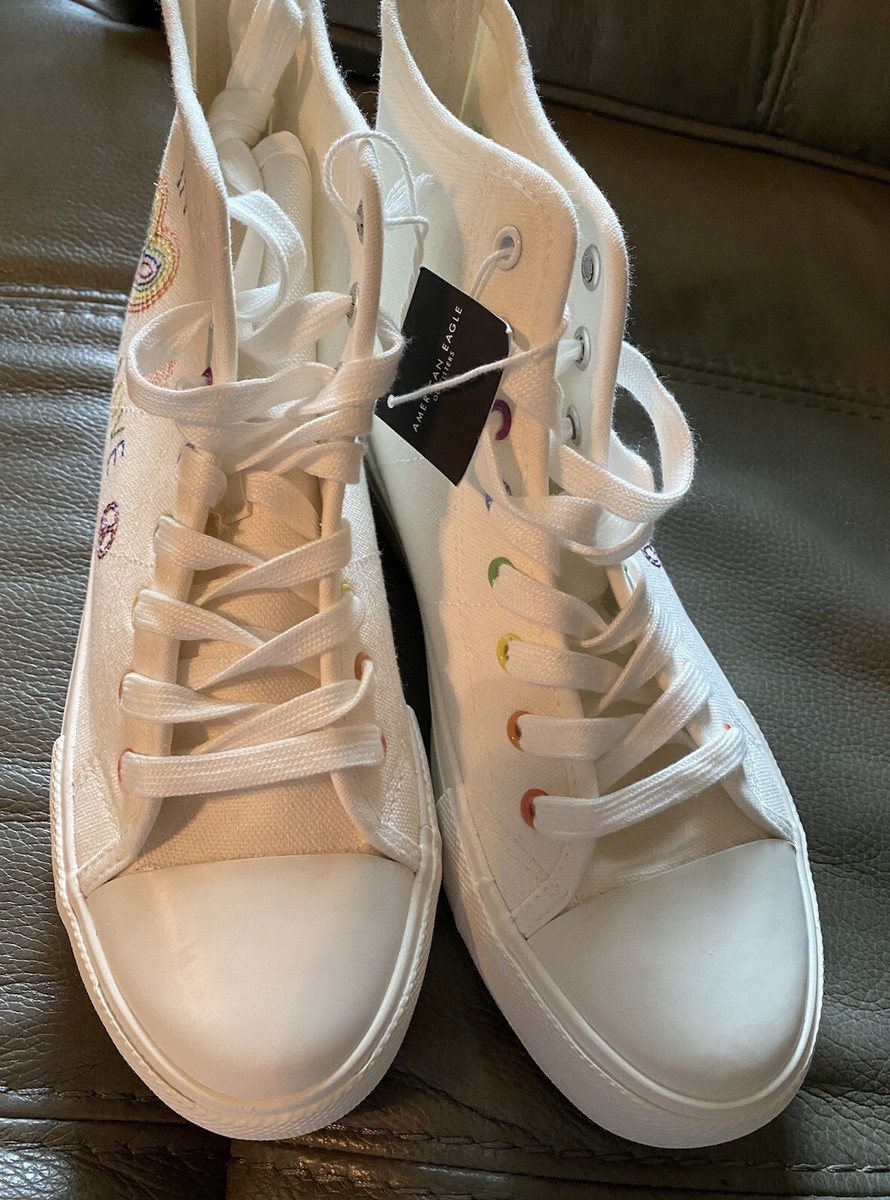 American Eagle Pride Platform White Canvas High Top Sneakers In