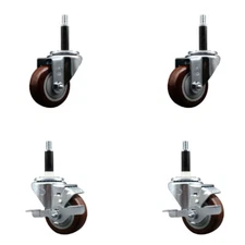 3 Inch Maroon Poly Wheel Swivel 3/4 Inch Expanding Stem Caster Set 2 Brakes SCC