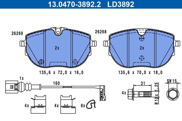 ATE 13.0470-3892.2 Bremsbelagsatz, Scheibenbremse FüR VW-image
