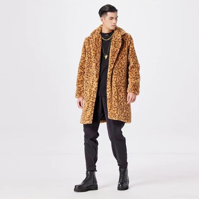 American Style Mens Lapel Collar Mid Long Coat Faux Fur Leopard Printed Overcoat
