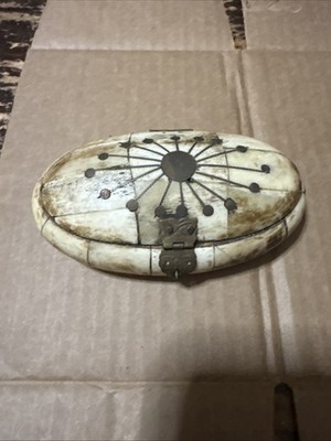 VTG Camel Bone Trinket Jewelry Box Brass Inlay Handcrafted Oval NICE