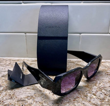 PRADA Milano Women  s Rectangle Sunglasses Black Plastic Frame Purple Tinted
