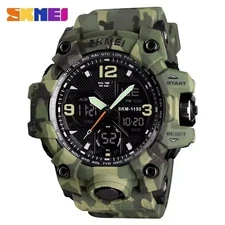 SKMEI Men Watch Military Green Wristwatch Dual Time LED Watch Boys Digital Watch
