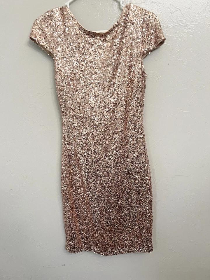 Vestido Vaina Badgely Mischka Oro Rosa Capucha Espalda Cisne Lentejuelas Talla 6 Nuevo Con Etiquetas Foto 3 de 4