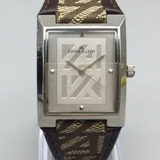 Anne Klein AK Watch Women Rectangular Leather Strap 28mm Silver Tone New Battery